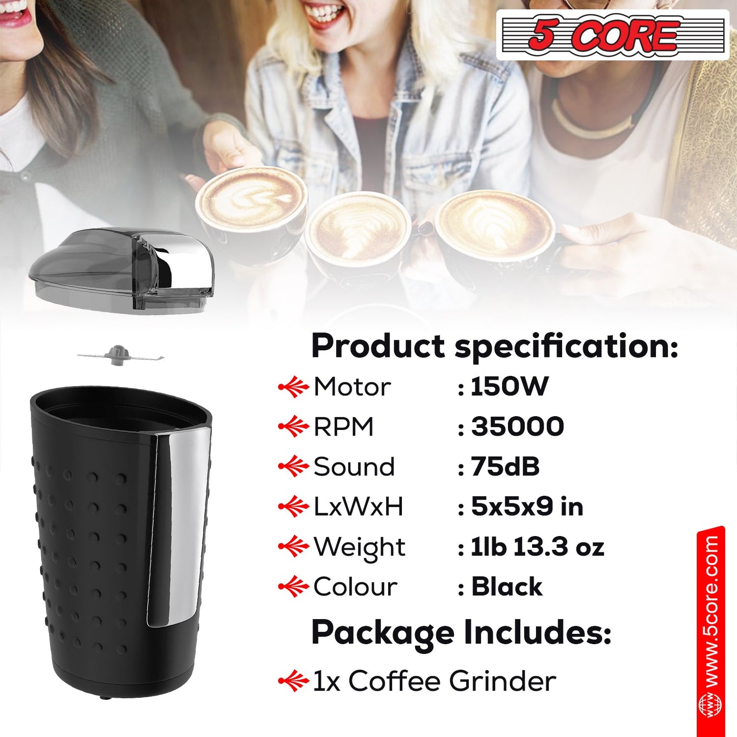 5Core Coffee Grinder 85 Gram Capacity 150W Electric Bean Spice