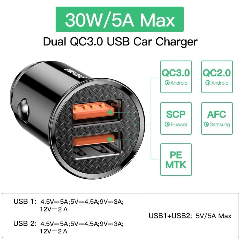 Cargador de coche USB dual Baseus de 5 A, carga rápida, 2 puertos, 12-24 V, para encendedor de cigarrillos