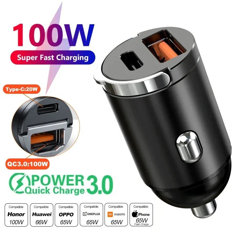 Mini 100W PD QC Pull Ring Fast Charging Car Charger USB C Car Phone