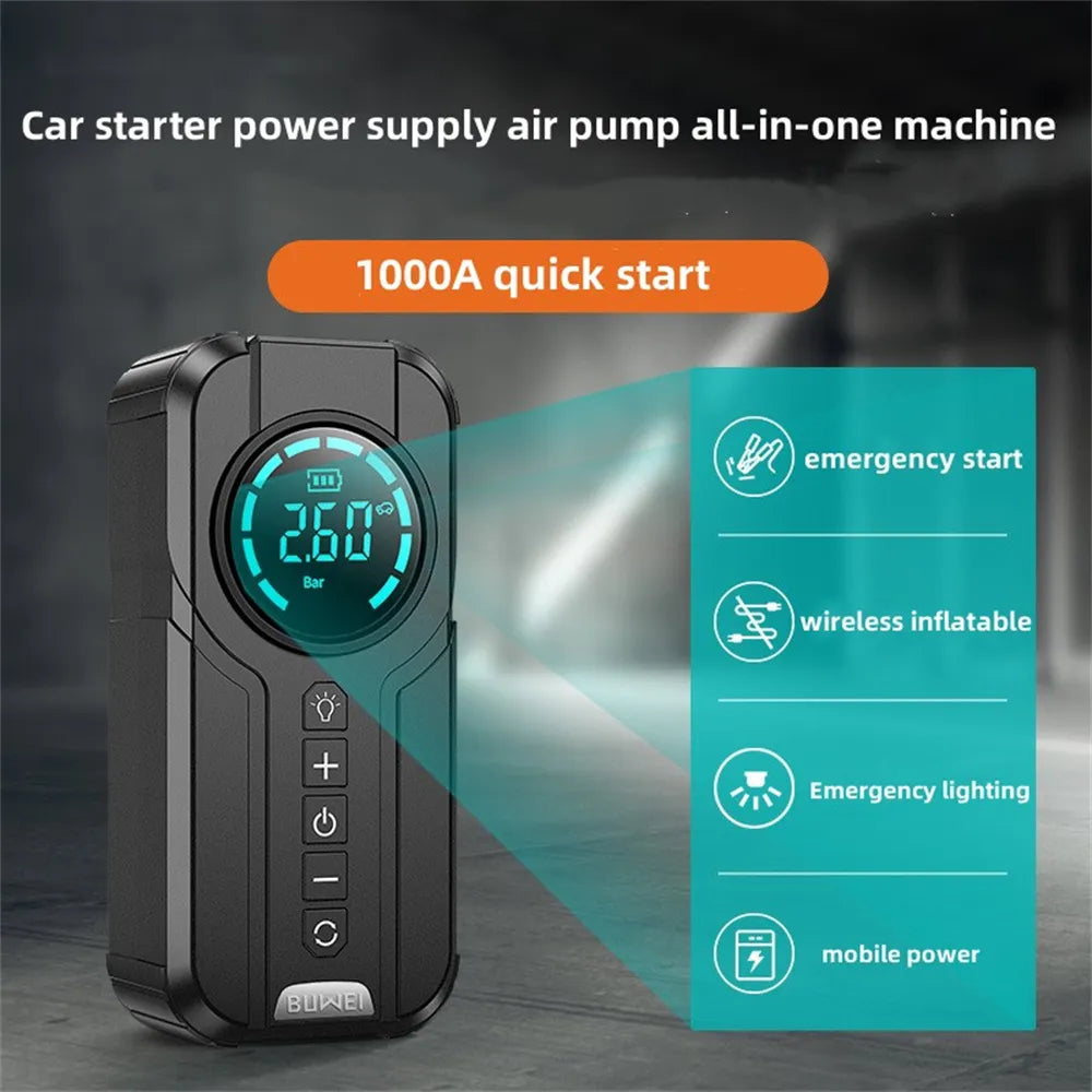 Car Jump Starter Air Pump Power Bank Lighting Portable Air Compressor